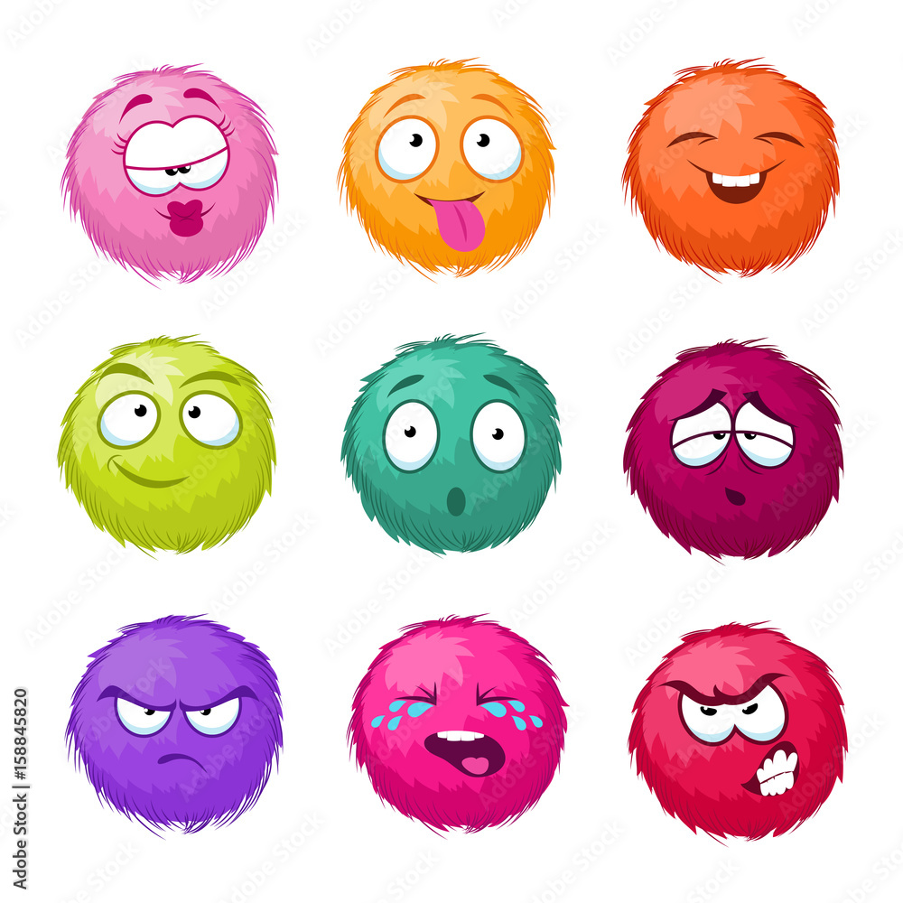 Poster funny colorful cartoon fluffy ball vector fuzzy characters set. monsters with different emotion