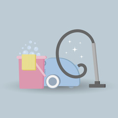 Vector illustration, a bucket of foam, a vacuum cleaner for cleaning the house.