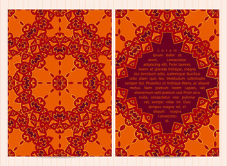 A4 size cards decorated with mandala in orange color with golden inserts. Vector template in eastern, oriental style for restaurant menu, flyer, greeting card, brochure, book cover.