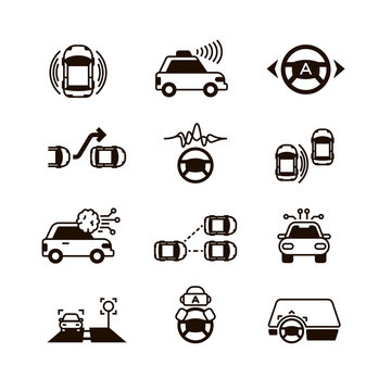 Car self control, futuristic driving intelligent vehicle systems vector icons