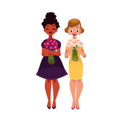 Two women, girls, black and Caucasian, holding bunches of flowers, cartoon vector illustration isolated on white background. Full length portrait of happy black and white girls, women with flowers