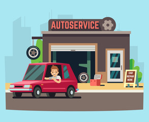 Car service station or repair garage with happy customer vector illustration