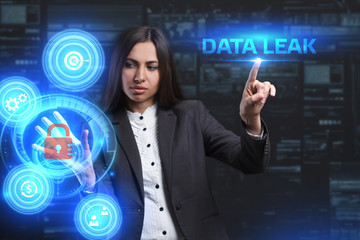 The concept of business, technology, the Internet and the network. A young entrepreneur working on a virtual screen of the future and sees the inscription: Data leak