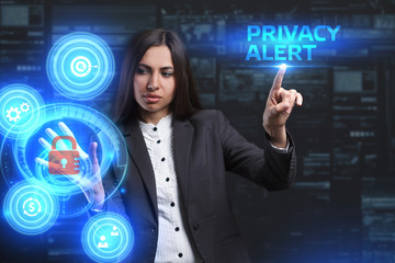 The concept of business, technology, the Internet and the network. A young entrepreneur working on a virtual screen of the future and sees the inscription: Privacy alert