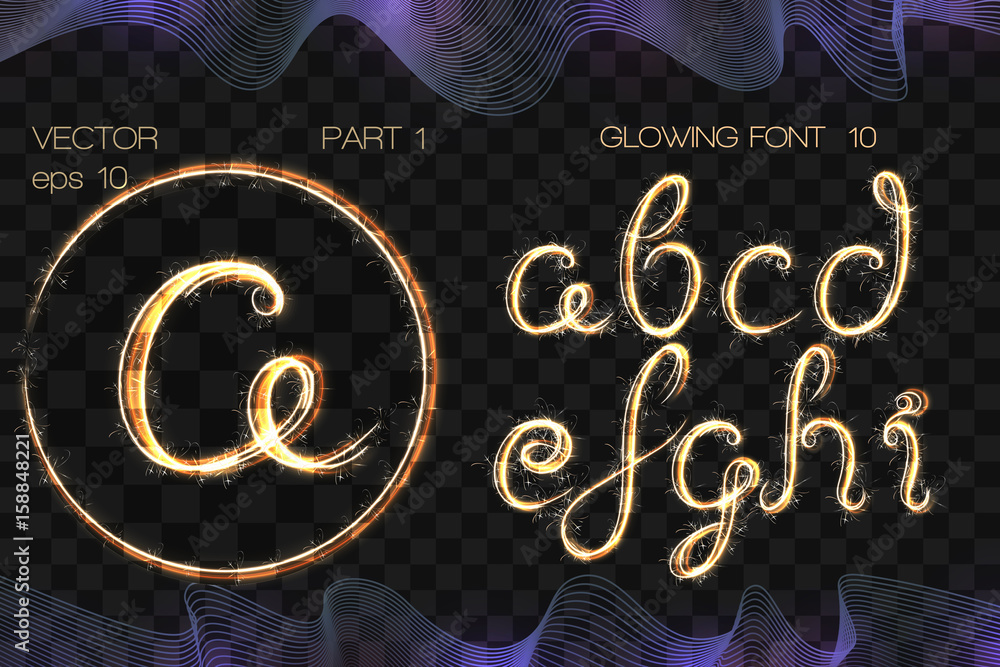 Wall mural VECTOR eps 10. GLOWING Bengal Sparks FONT 10. Part 1. Hand drawn alphabet a b c d e f g h i. Bengal Sparks GOLDEN Alphabet. Hand drawn with sparkle brushes.
