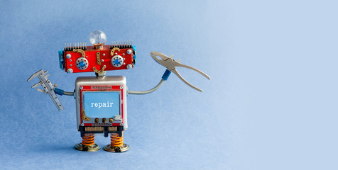 Robot engineer with calipers pliers. Creative handyman toy, mechanic cyborg worker on blue...