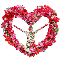Roses in shape of heart with female isolated on white background.
