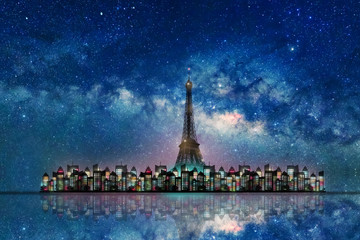 Fototapeta na wymiar Silhouette of Eiffel tower ans city with night sky background 