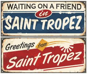 Saint Tropez retro signs set on old vintage metal texture.