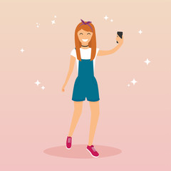 Hipster girl taking a selfie with mobile phone. Concept of new trends and technology. Vector illustration.