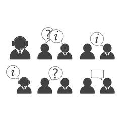 Call center and business figures. Customer and employee businessman talking, sharing information and asking questions. Figures of business conversation. Flat style clipart. Vector illustration