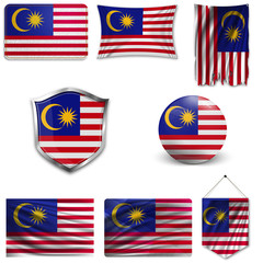 Set of the national flag of Malaysia in different designs on a white background. Realistic vector illustration.