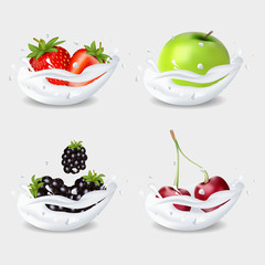 A set of fruits in milk. An Apple. Strawberry. Blackberry and Cherry.