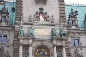 view of details on the famous town hall in Hamburg, Germany.