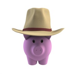 Brown hat on pink piggy bank isolated on white background, 3D rendering