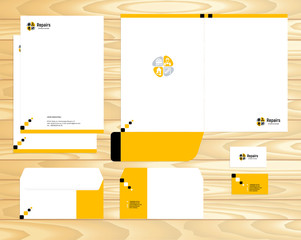 Visual brand corporate business identity vector design set template on wood background. Mockup illustration.