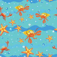 Naklejka na ściany i meble Hermit crab on the sea waves. Seamless pattern. The background is a blue summer sea. Design for textiles, tapestries, a poster with children's characters cartoon sea creatures.