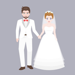Groom holding hand with Bridge, lover couple in wedding costume concept, flat design vector