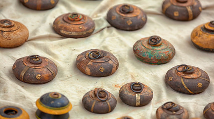 Small wooden boxes in traditional style for sale. India, Rajasthan, Jaisalmer