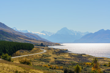 Beautiful scenery of Lake Pukaki at Peter's lookout , Mount Cook Road, South Island of New Zealand