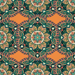 Behang Marokkaanse tegels Sierlijke bloemen naadloze textuur, eindeloze patroon met vintage mandala-elementen.