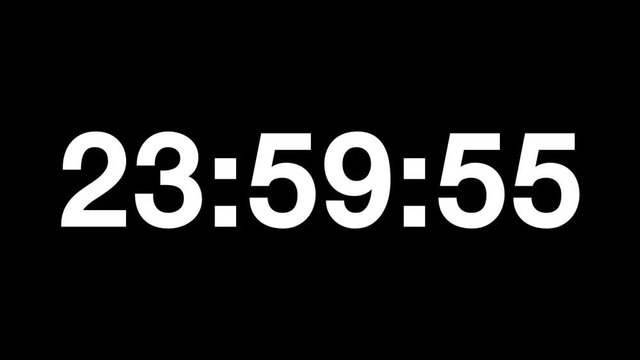 Countdown of 24 hours. Digital clock - white numbers on black background. Timer with minutes and seconds.