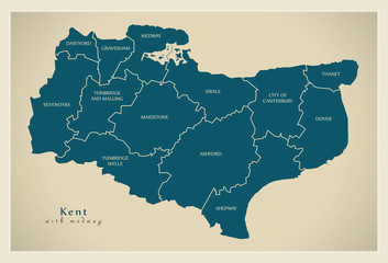 Modern Map - Kent county with labels including Medway UK illustration
