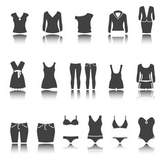 Clothes icons. Vector signs, shadow reflection.  women's clothing set.