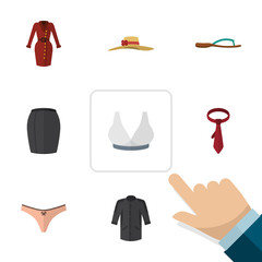 Flat Dress Set Of Elegant Headgear, Brasserie, Clothes And Other Vector Objects. Also Includes Sport, Cravat, Dress Elements.