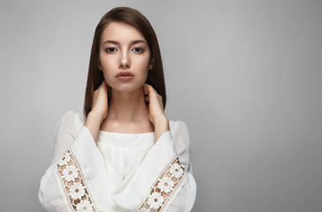 Beauty portrait of female face with natural skin