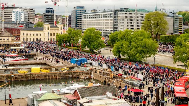 Timelapse of 17th of May national day parade in Oslo, Norway,  town hall