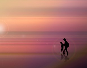 Fototapeta na wymiar Beautiful vector illustration. A fabulous sunset on the sea. Father and son