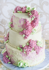 Wedding festive Cake With cream flowers lilac On White Background