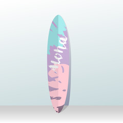 Beautiful vector illustration. Surfboard. Picture of a palm tree