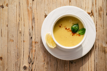 Lentils soup served on the table in turkish restaurant