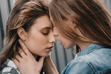 Close-up portrait of beautiful sensual girlfriends hugging and kissing with passion