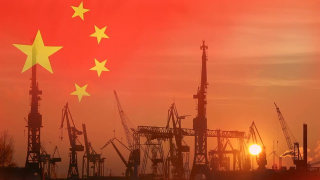 Industrial concept with China flag at sunset