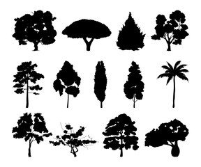 Monochrome illustrations of different trees silhouettes
