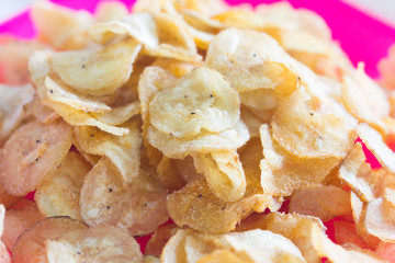 Dried banana slice on plate - crispy