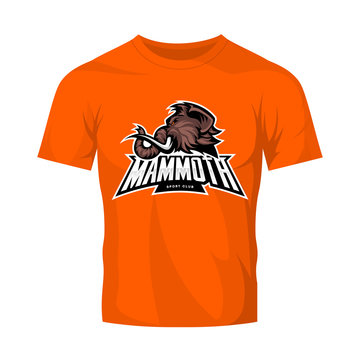 Furious woolly mammoth head sport vector logo concept isolated on orange t-shirt mock up. 
Modern professional mascot team badge design. Premium quality wild animal tee print illustration.