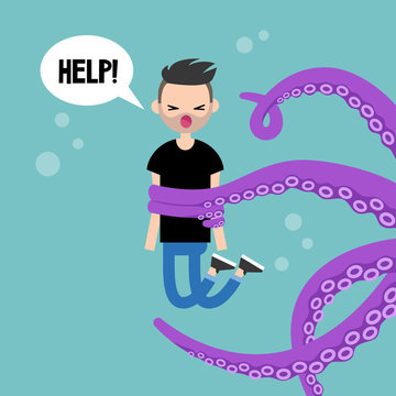 Young screaming character attacked by octopus / flat editable vector illustration, clip art