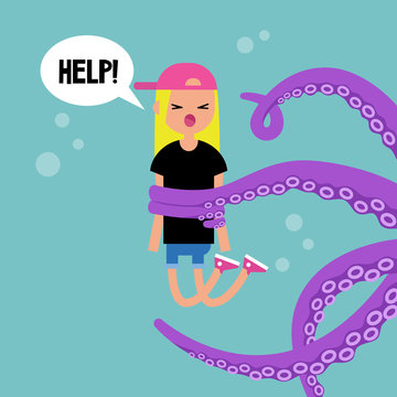 Young screaming female character attacked by octopus / flat editable vector illustration, clip art