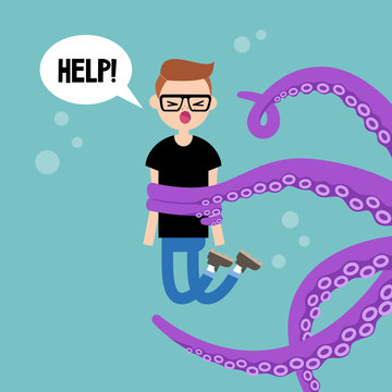 Young screaming character attacked by octopus / flat editable vector illustration, clip art