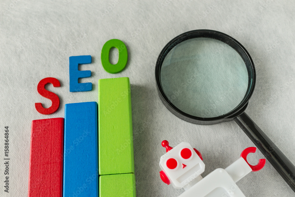 Poster search engine optimization concept as colorful wooden block as analysis chart with alphabet abbrevia