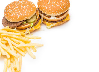Burger, french fries, fast food on isolated background