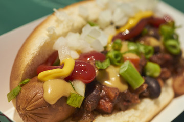 vegan hot dog with Mexican style toppings at a food festival in Lancaster, Pennsylvania, USA