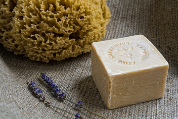 No name handmade olive oil soap with an inscription in greek language meaning 