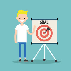 Target conceptual illustration. Young character pointing on a dartboard / flat editable vector illustration, clip art