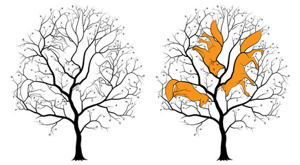 Три спрятанных контура лисицы среди веток дерева, черный силуэт на белом фоне. Детская картинка-загадка с отгадкой.