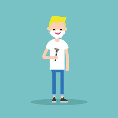 Young character shaving his face / flat editable vector illustration, clip art
